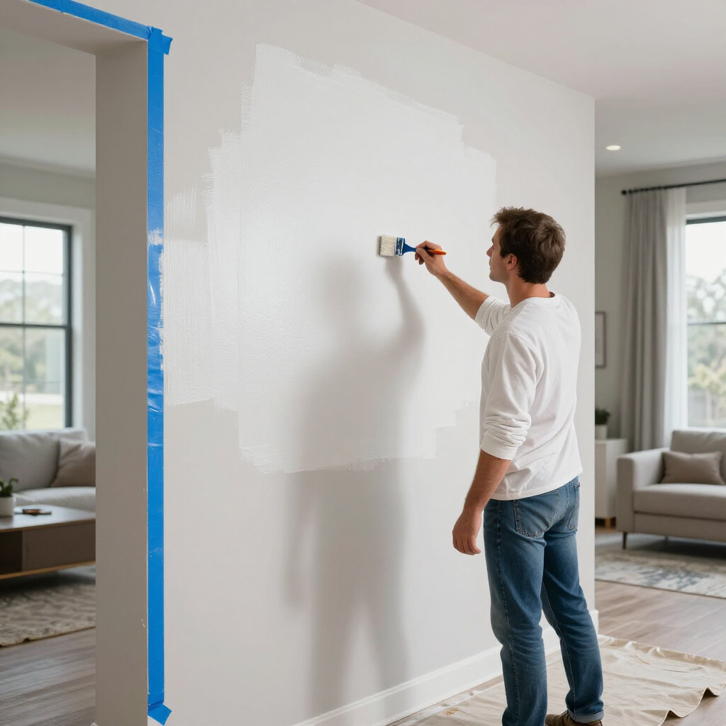 Person painting a light gray wall white with a roller, blue tape marking the doorway.