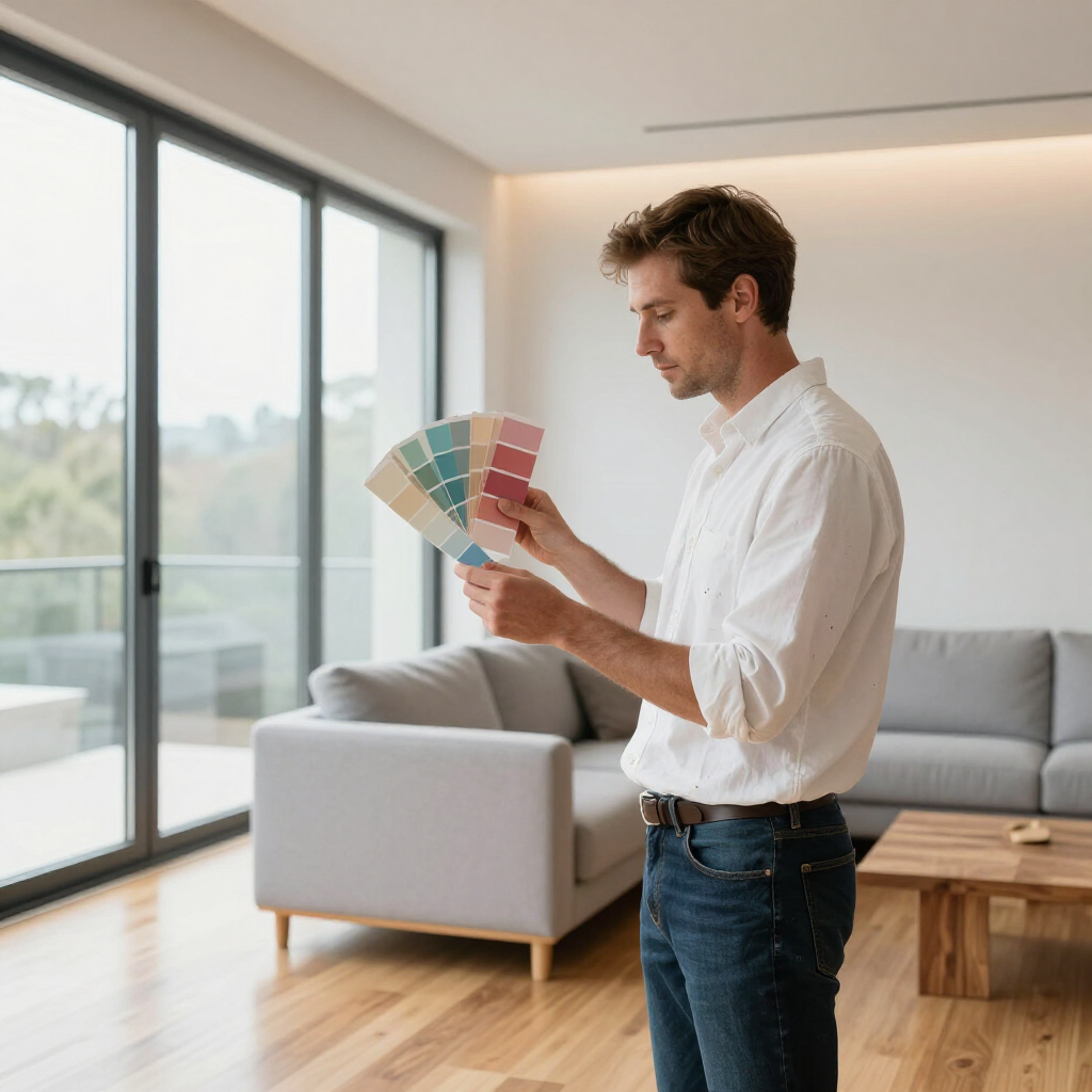 Man comparing paint swatches in a bright modern living room with a gray sofa and large windows