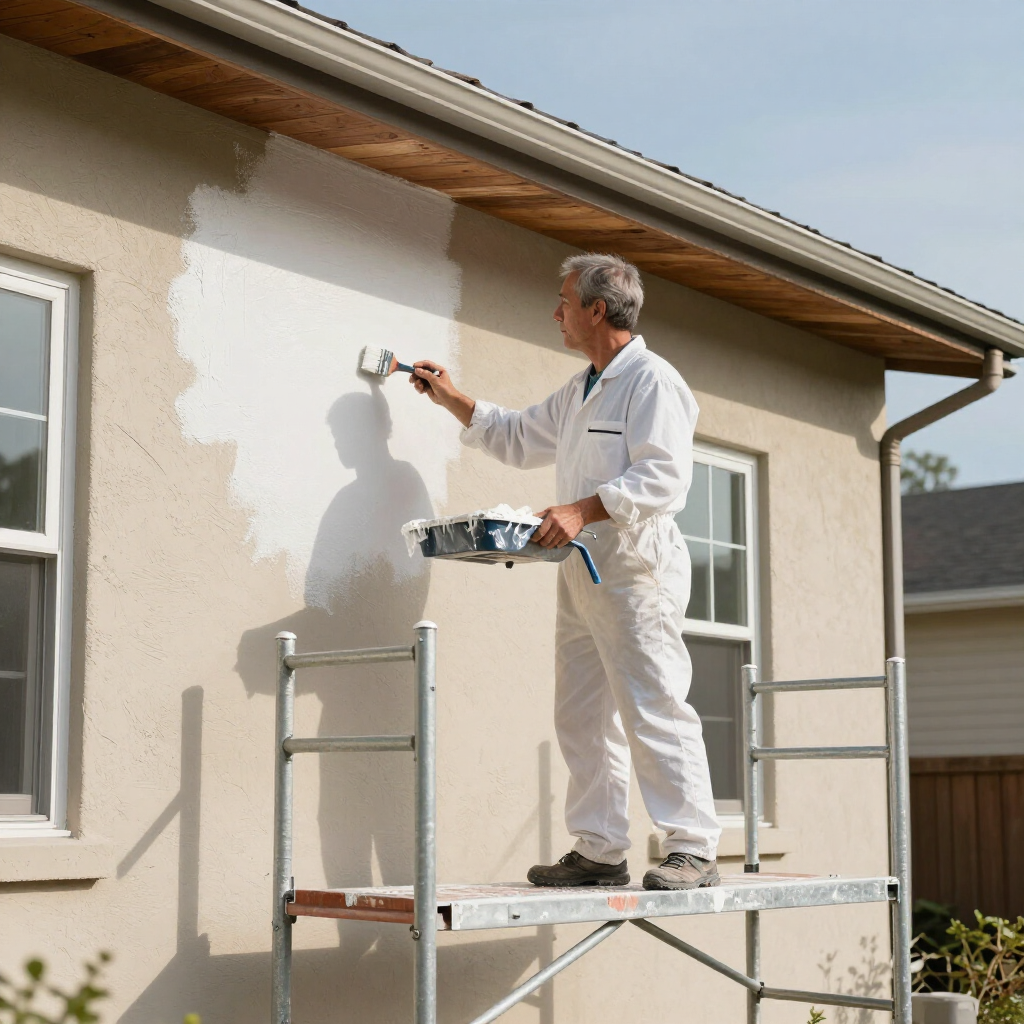 Painter on scaffold painting a house exterior beige with white trim