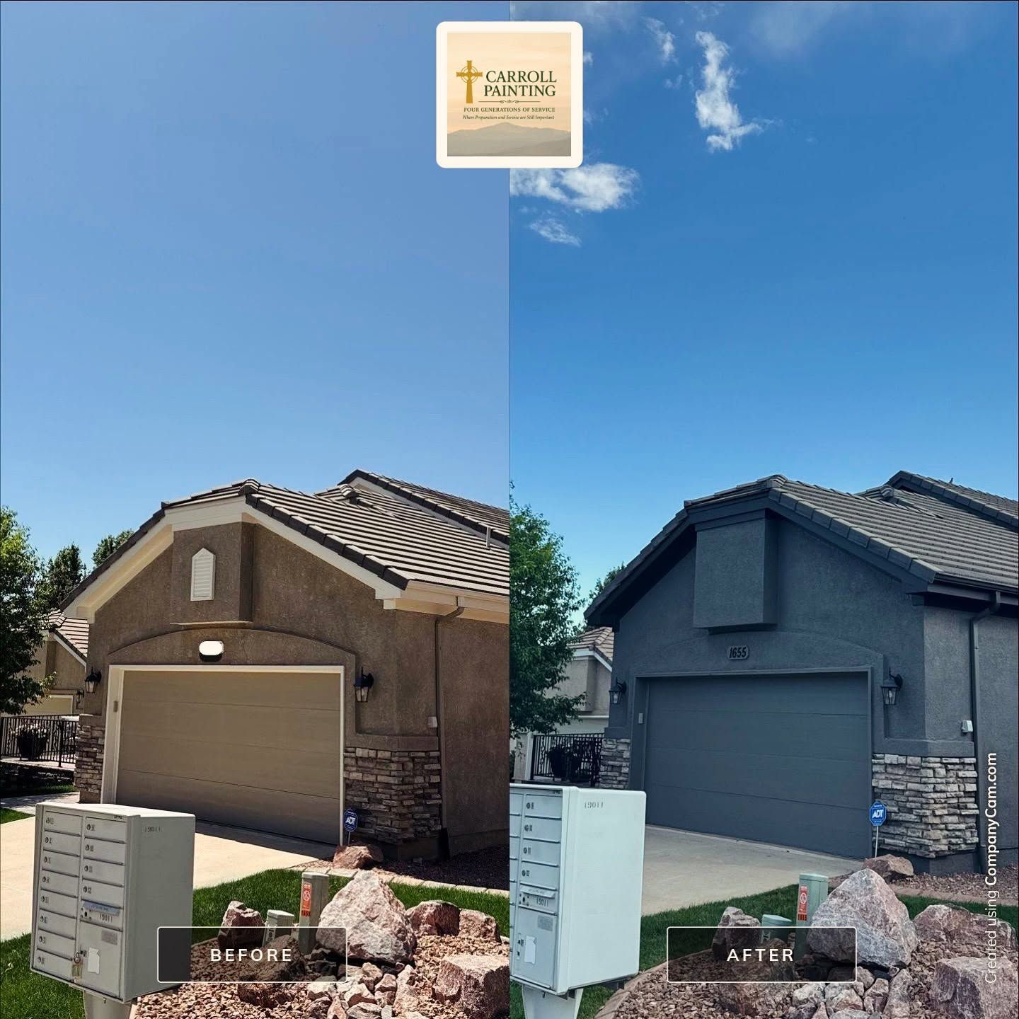 Carroll Painting before and after comparison showing an exterior changed from brown to blue