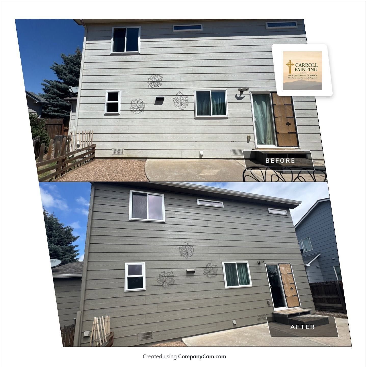 Weathered rear siding before and after Carroll Painting applied Carriage Stone