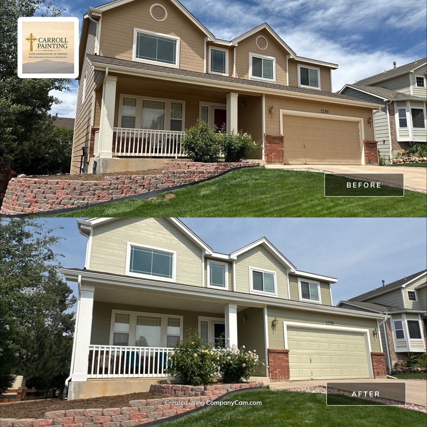 Before and after of Carroll Painting’s Colorado Springs exterior project with Herbal Wash siding and Alabaster trim