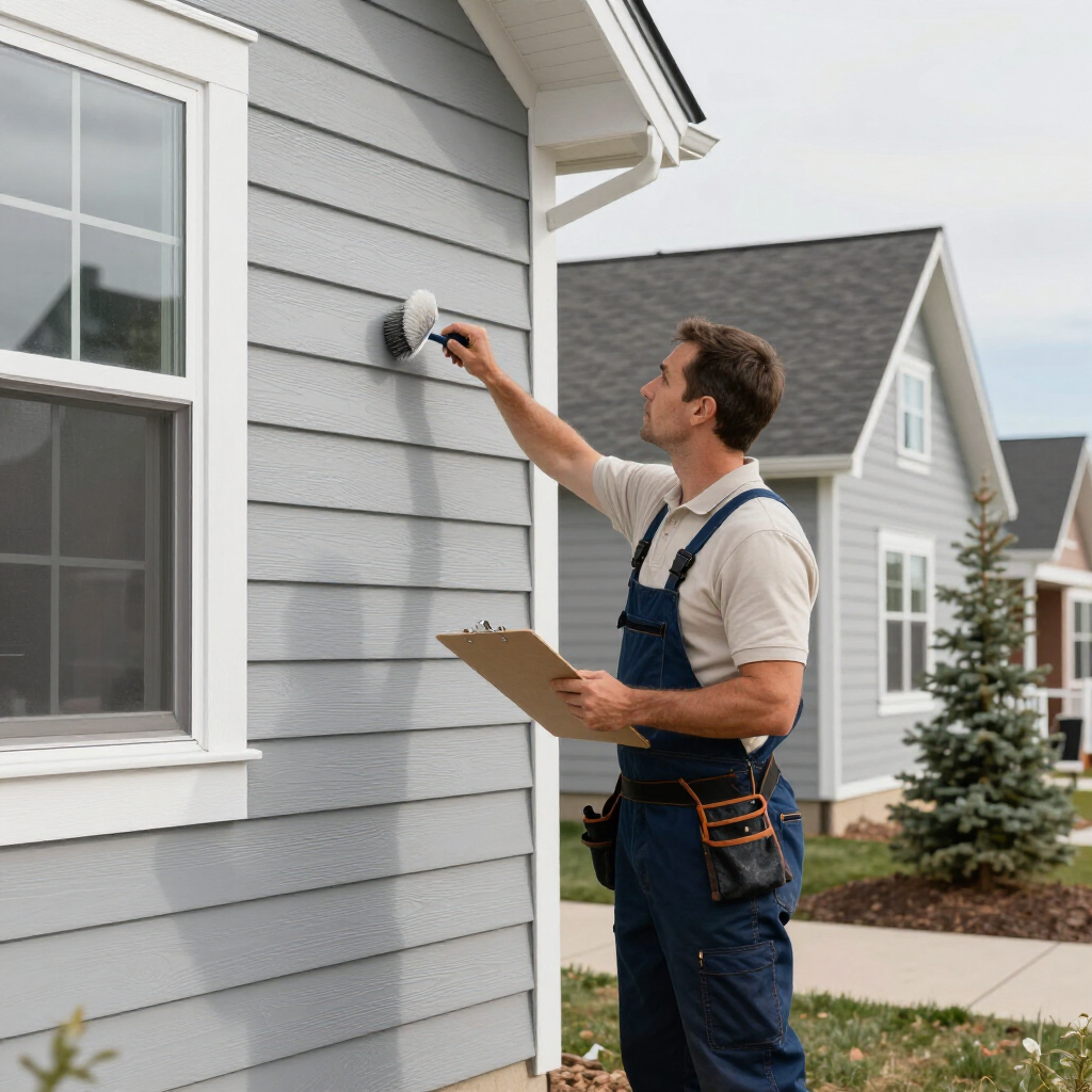 Painter applying gray paint to a house exterior while holding a clipboard.