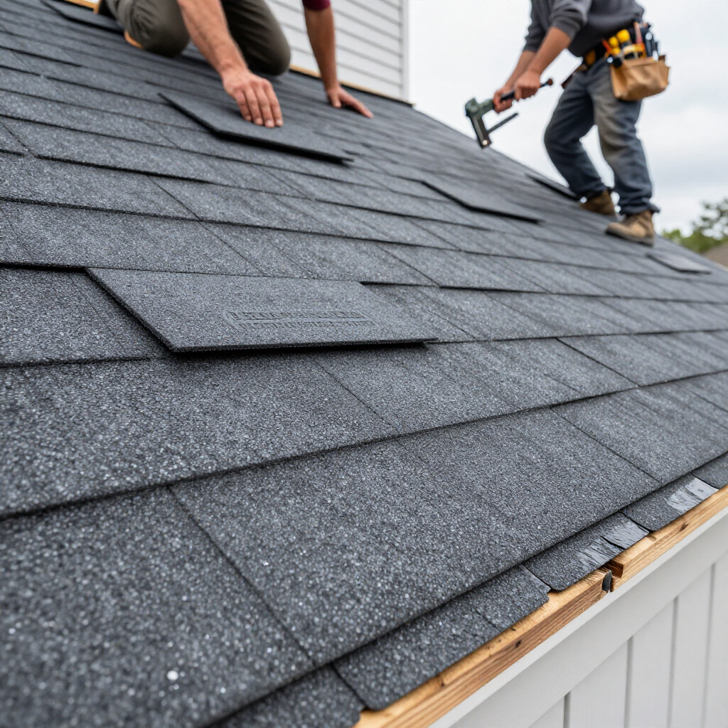 Roofers installing gray shingles on a house roof with a nail gun