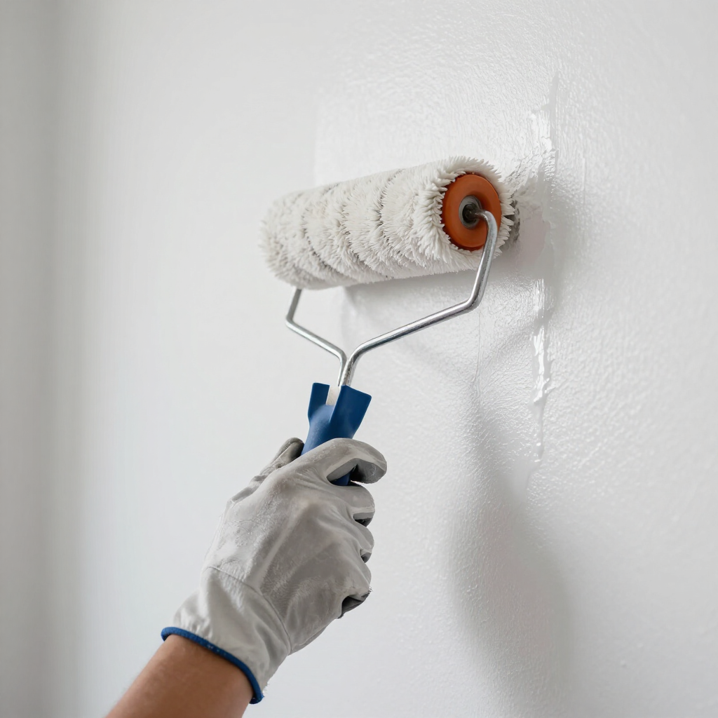 Hand wearing a glove painting a white wall with a paint roller