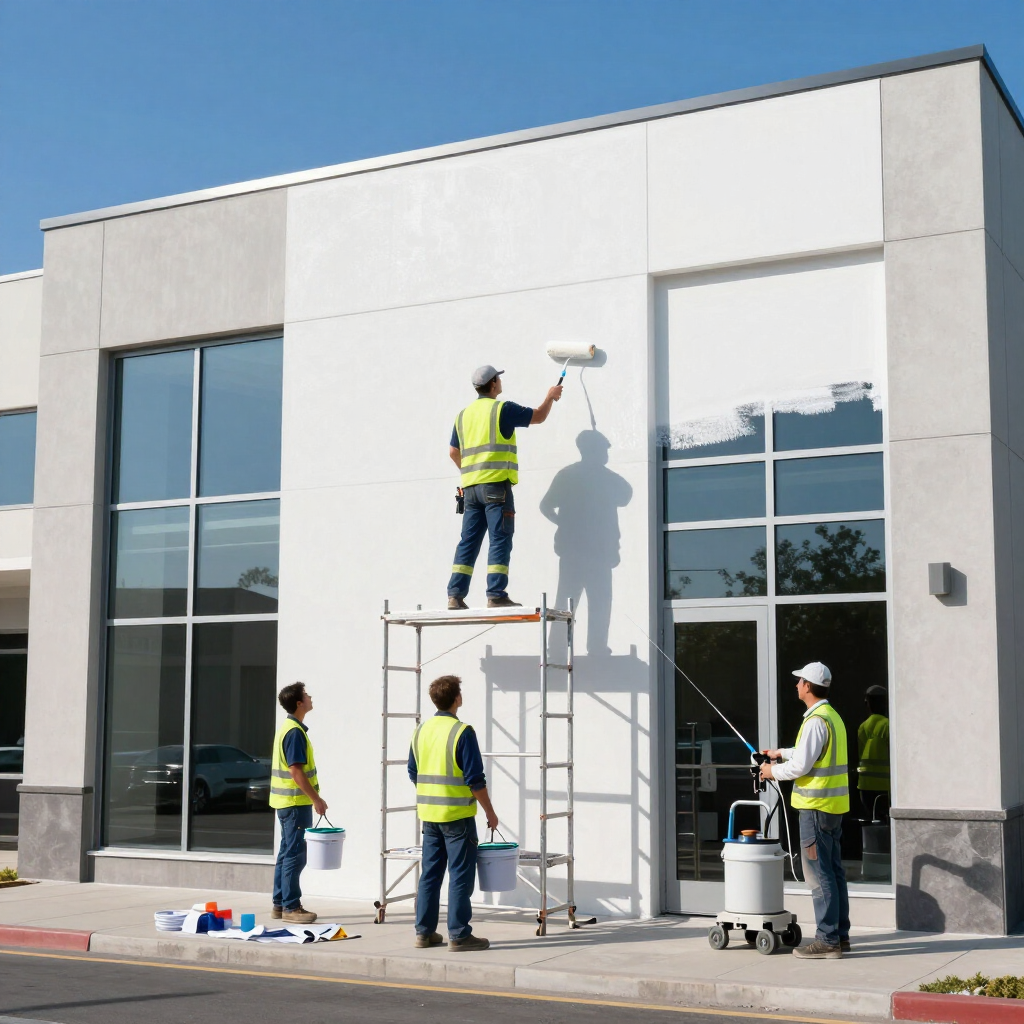 Construction workers painting a modern building exterior with white and gray panels.