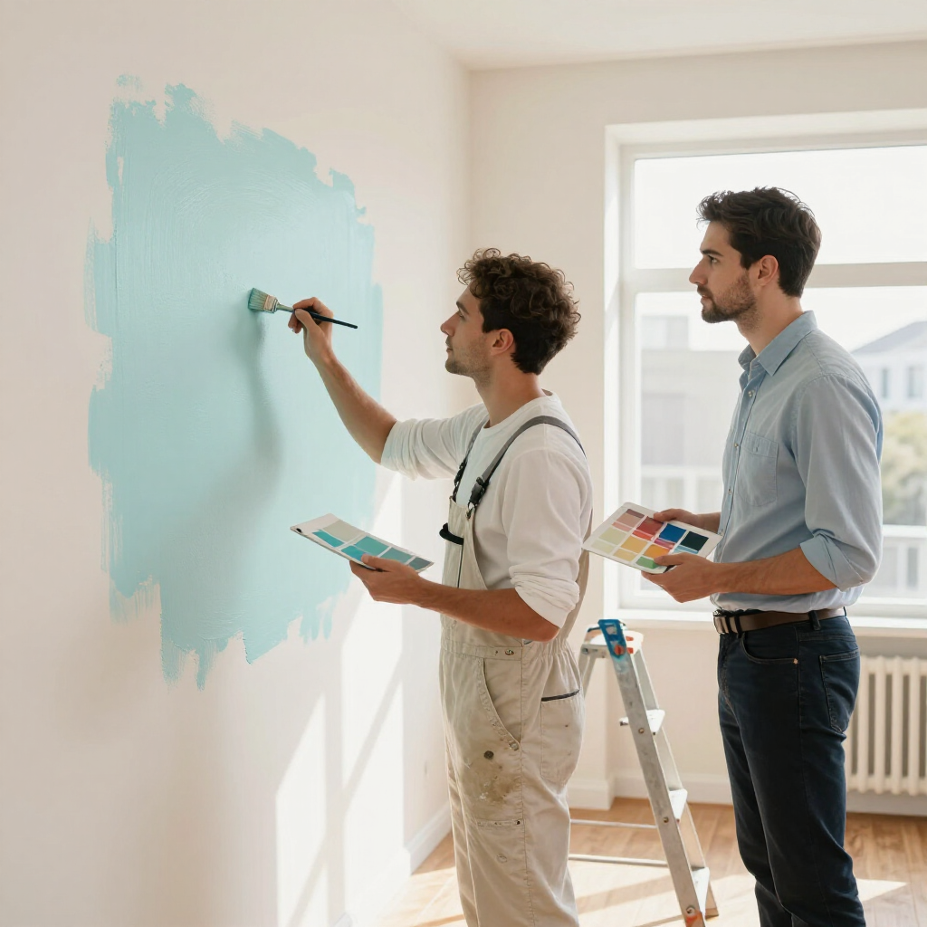 Two people painting a wall light blue in a bright room, one on a ladder holding color swatches.