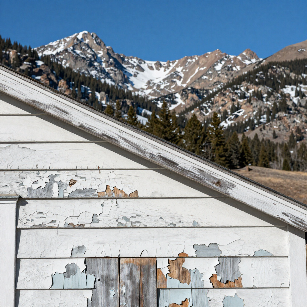 Peeling white cabin wall with snowy mountain peaks and pine trees in the background