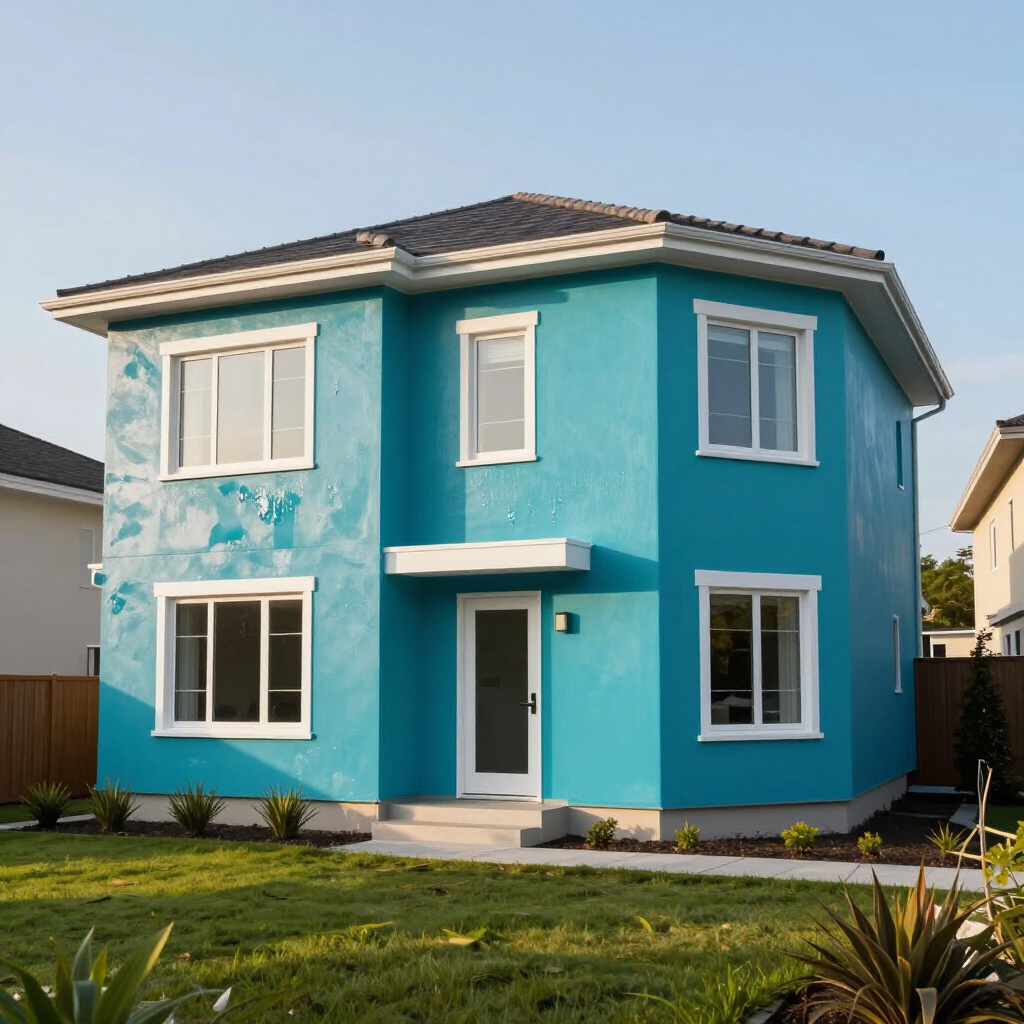 Bright blue two-story house with white trim and a small front porch on a grassy lawn
