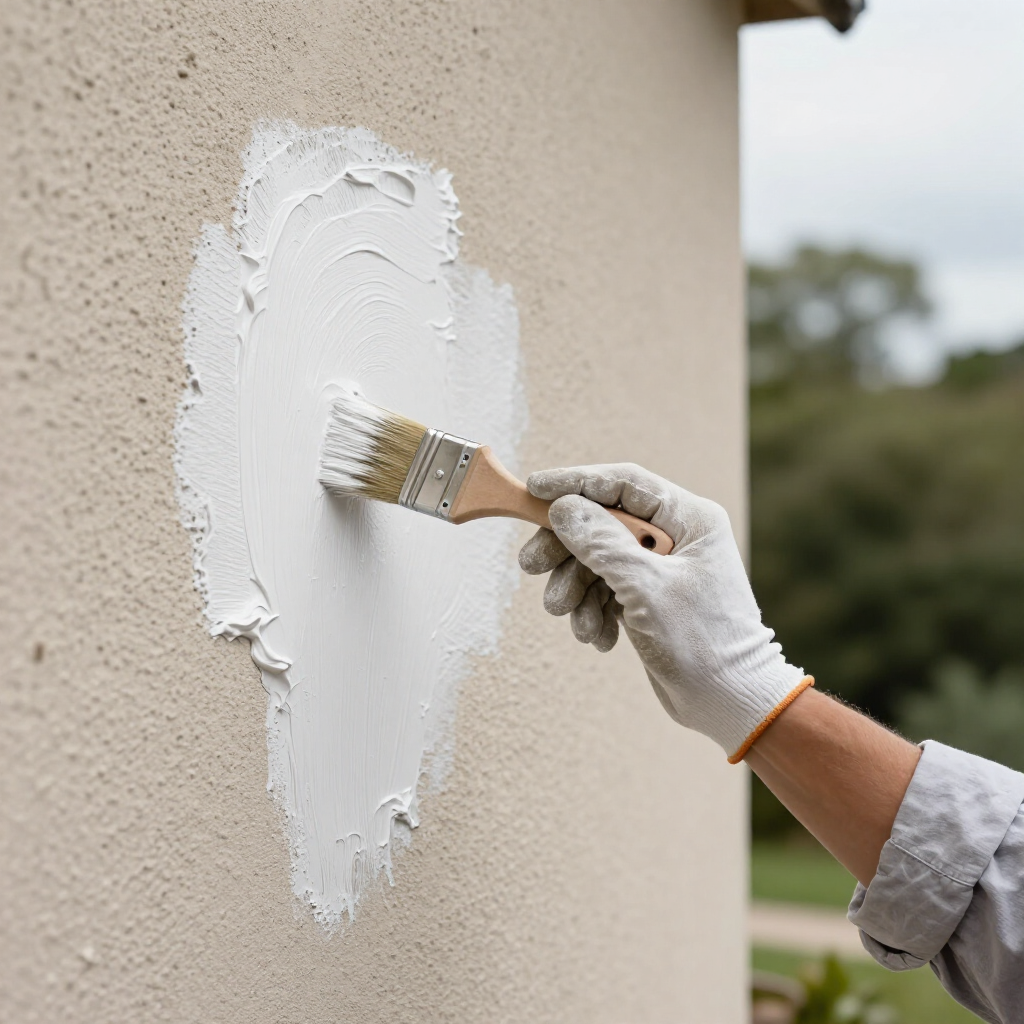 Hand in white glove applying white paint to a beige exterior wall with a brush.