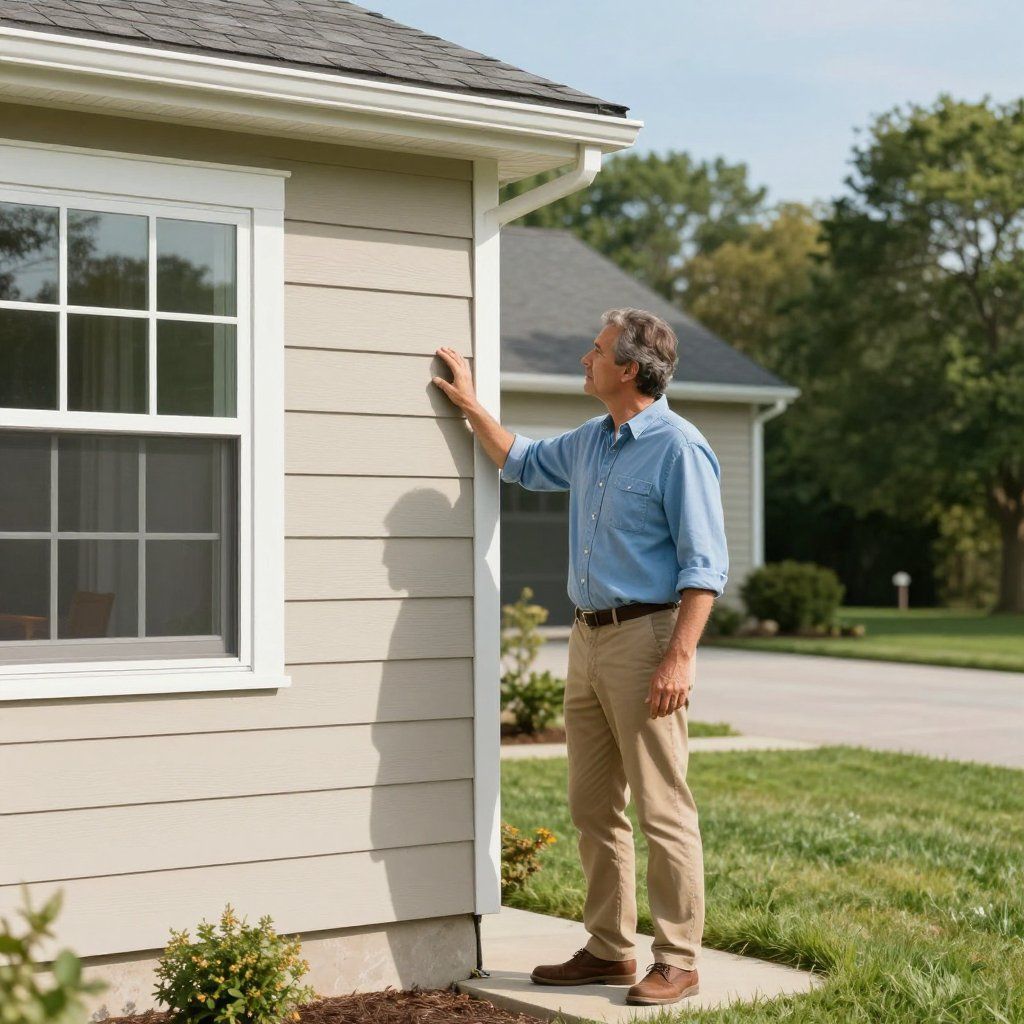 Man inspecting exterior house siding with a small tool beside a window in a suburban yard