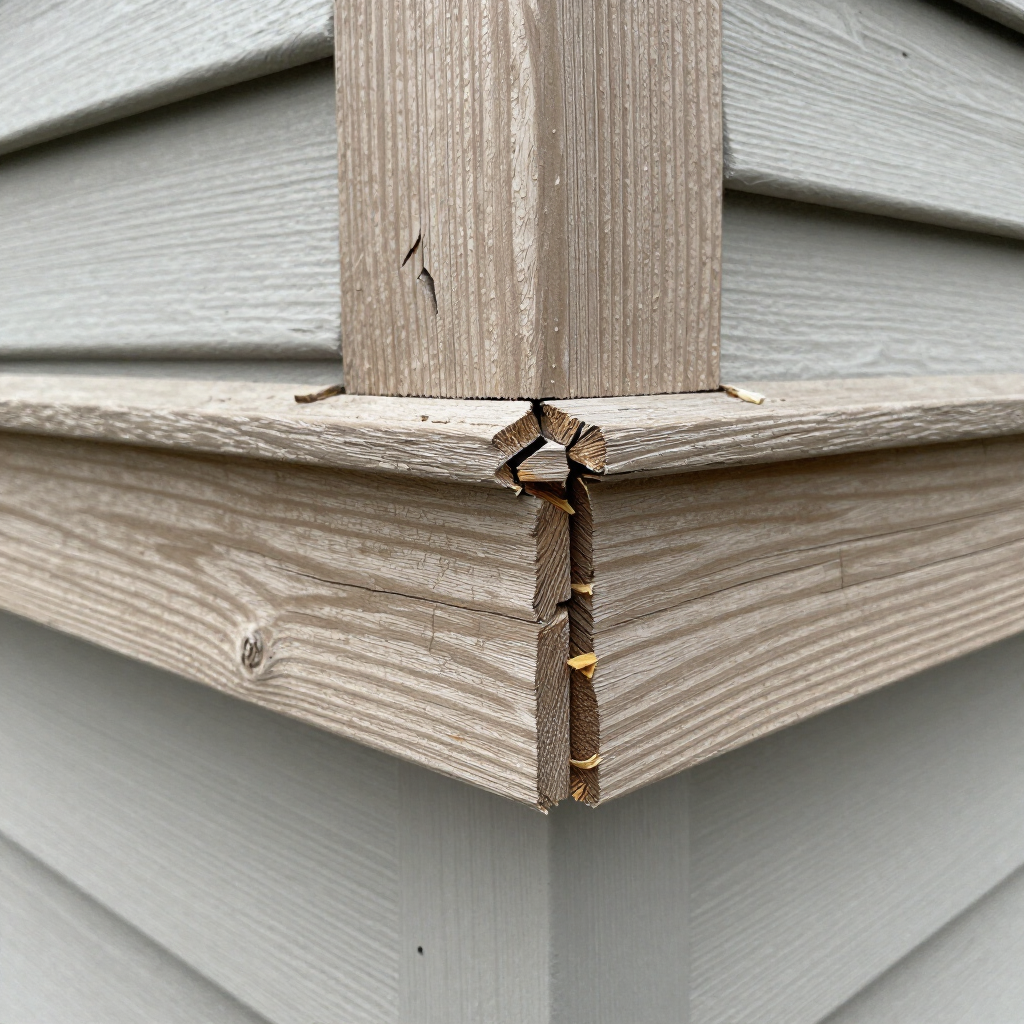 Close-up of damaged house corner trim with a vertical crack and chipped wood siding