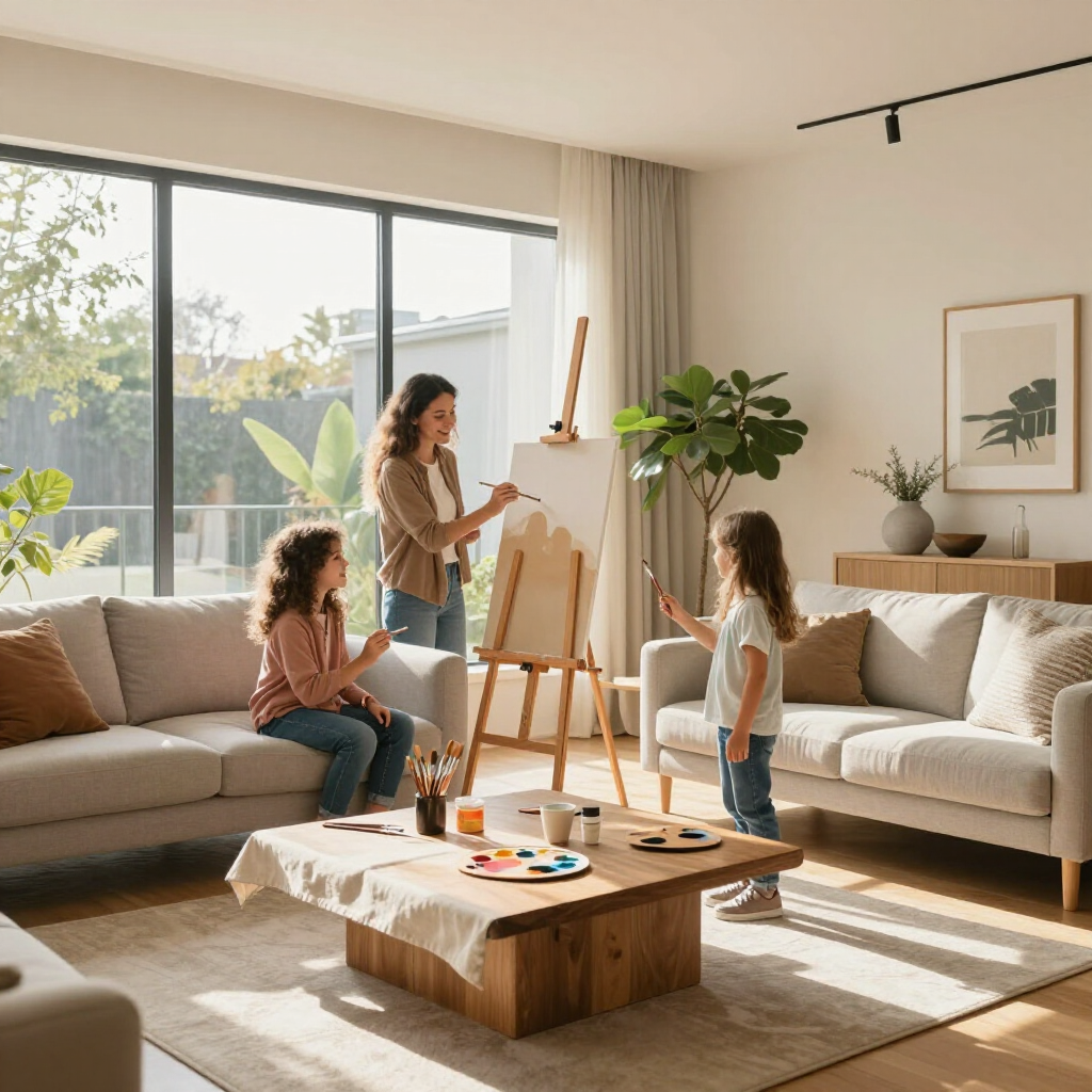 Family painting together in a sunlit living room with two sofas and an easel.