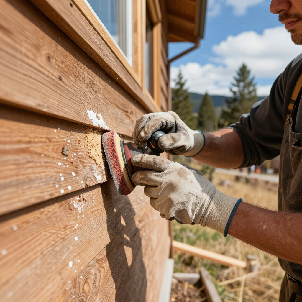 Gloved worker sanding brown wood siding on a house exterior in daylight