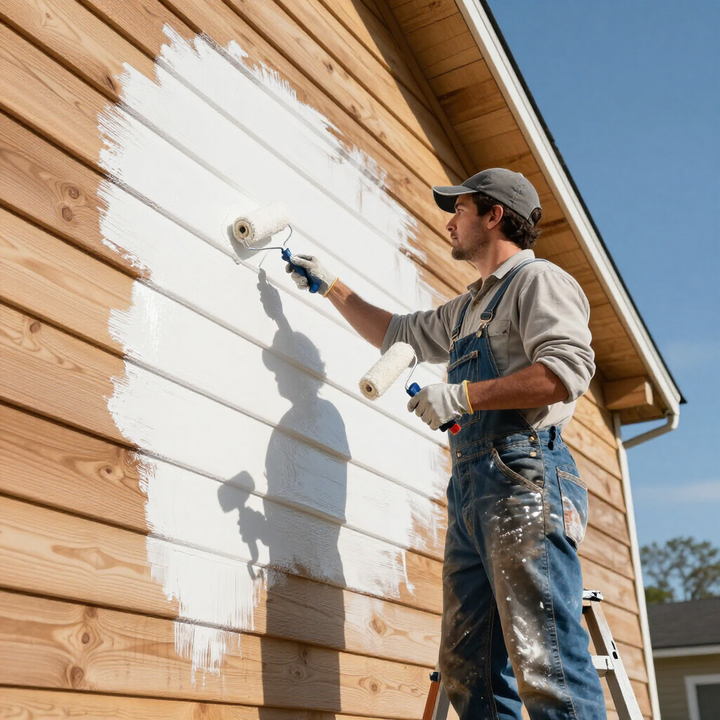 Painter rolling white paint onto a wooden house exterior on a sunny day