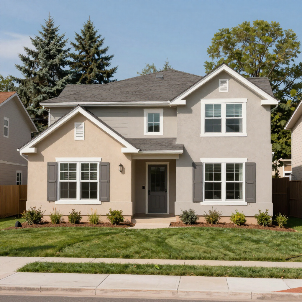 Suburban two-story beige house with a gray roof, white trim, and a green front lawn