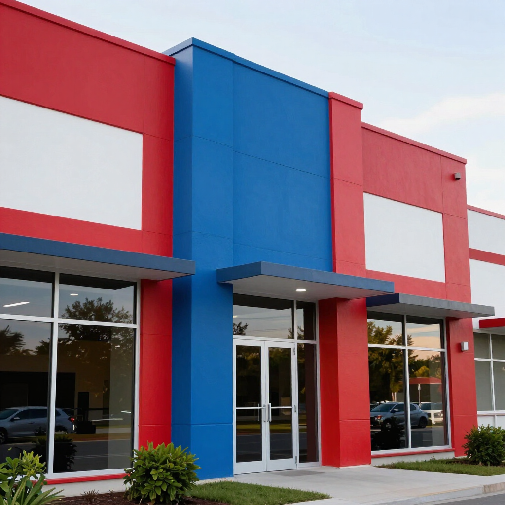 Red and blue storefront with large windows and glass entrance on a sidewalk