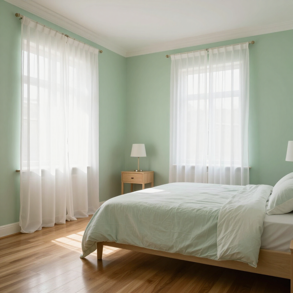 Bright bedroom with mint-green walls, sheer curtains, and a neatly made bed by two windows.
