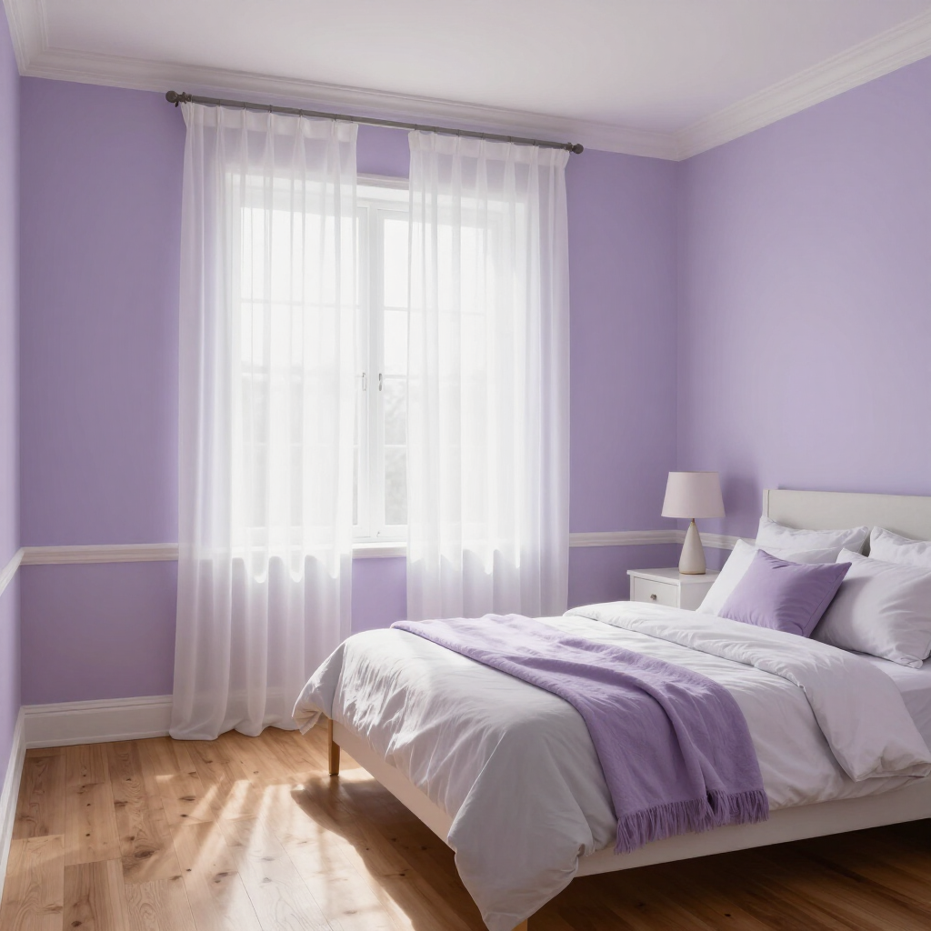 Lavender bedroom with white bed, sheer curtains, and sunlight on wooden floor