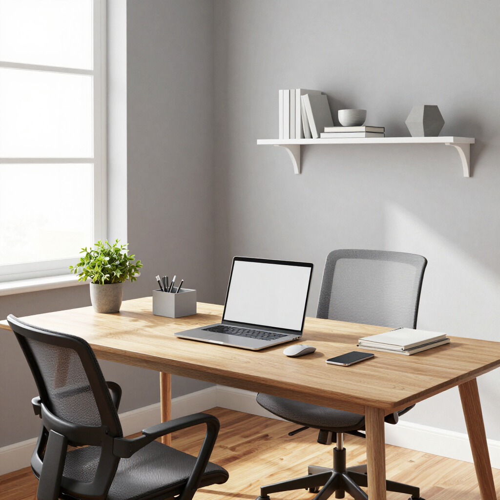Minimal home office with wooden desk, laptop, two chairs, and wall shelf by a bright window