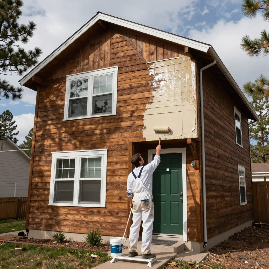Person painting the upper front wall of a small house with a roller on a ladder