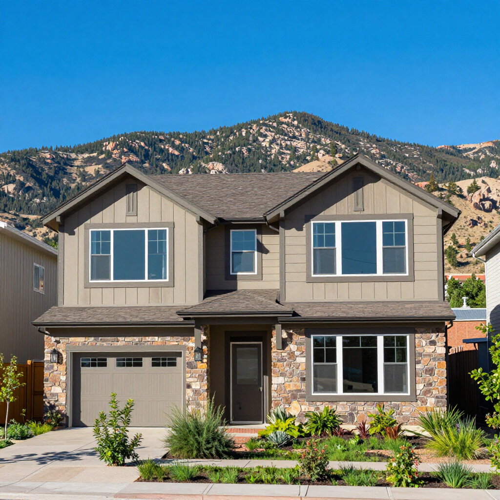 Two-story suburban house with tan siding, stone accents, and mountain backdrop under a clear blue sky