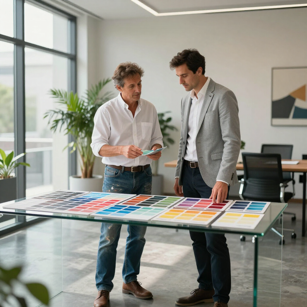 Two men review colorful design samples at a glass table in a modern office.