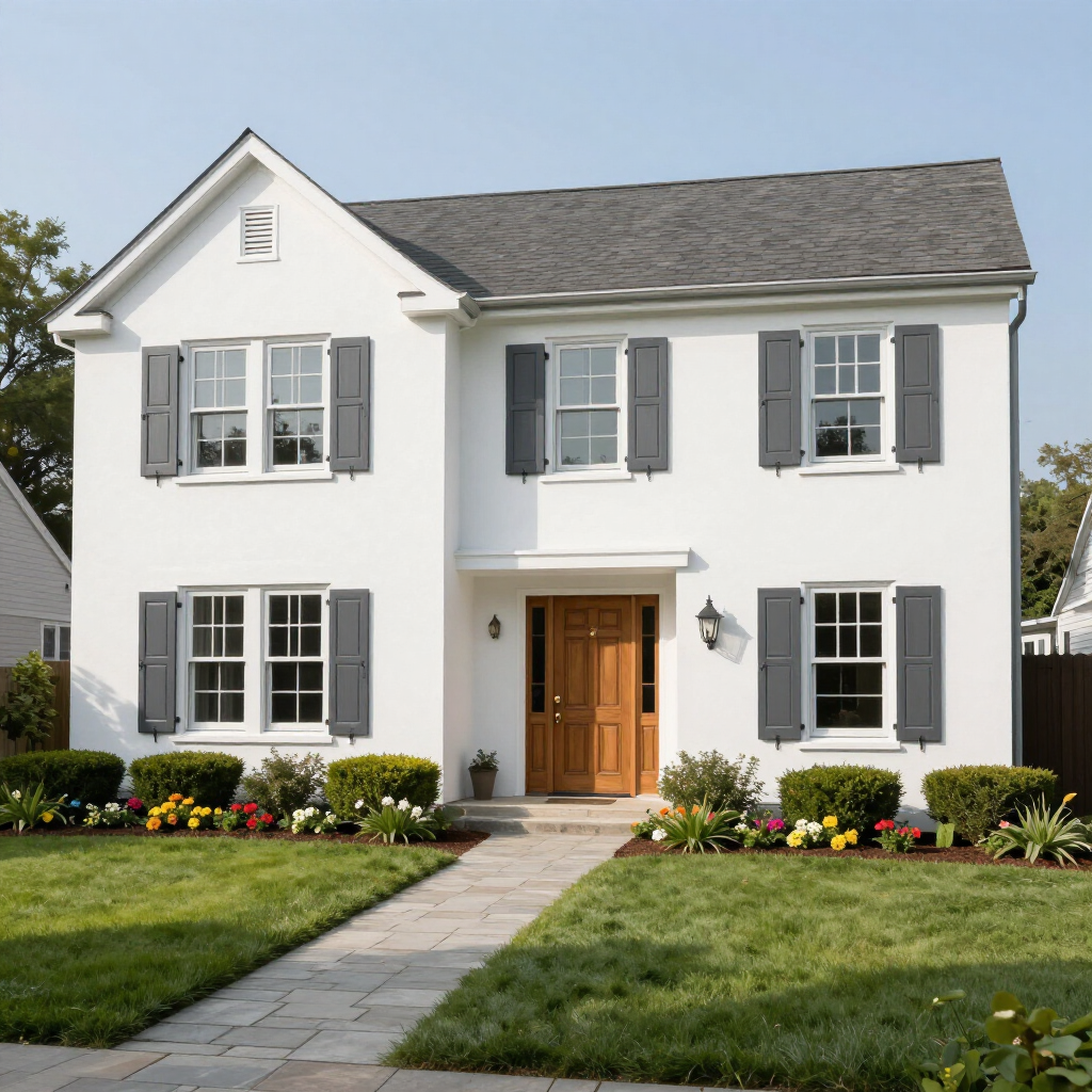 White two-story house with gray shutters, black roof, and a front walkway through a green lawn and garden