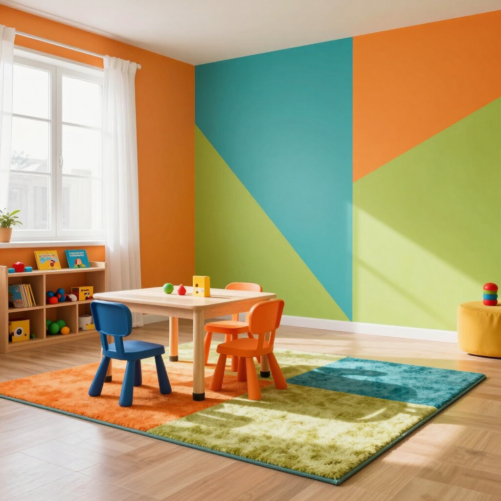 Bright colorful children's playroom with small table, chairs, toys, and geometric wall mural