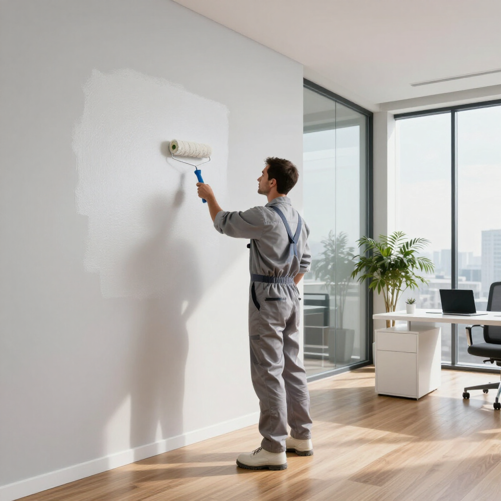 Painter rolling white paint on an office wall in a bright modern room