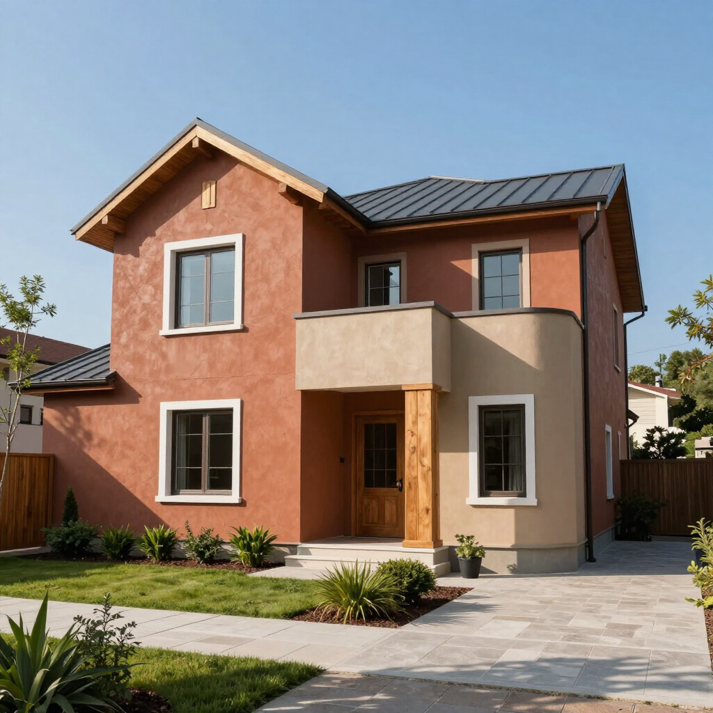 Modern two-story house with stucco walls, large windows, and a landscaped front yard under a clear sky