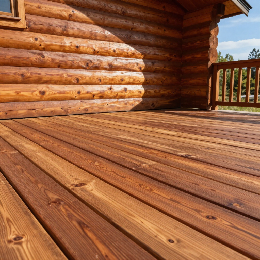 Wooden log cabin porch with sunlit deck and railing overlooking the outdoors