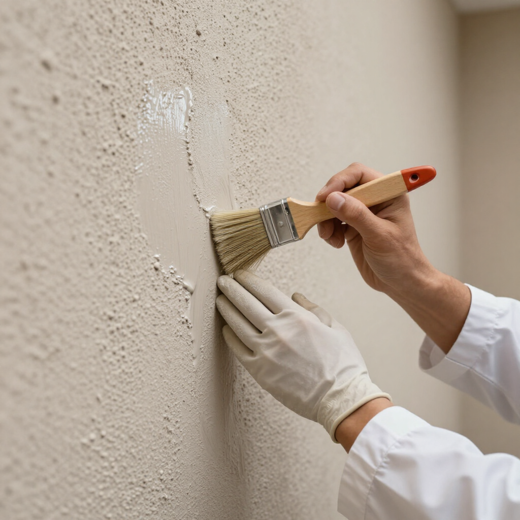 Hands apply plaster and paint to a beige wall with a brush and trowel.