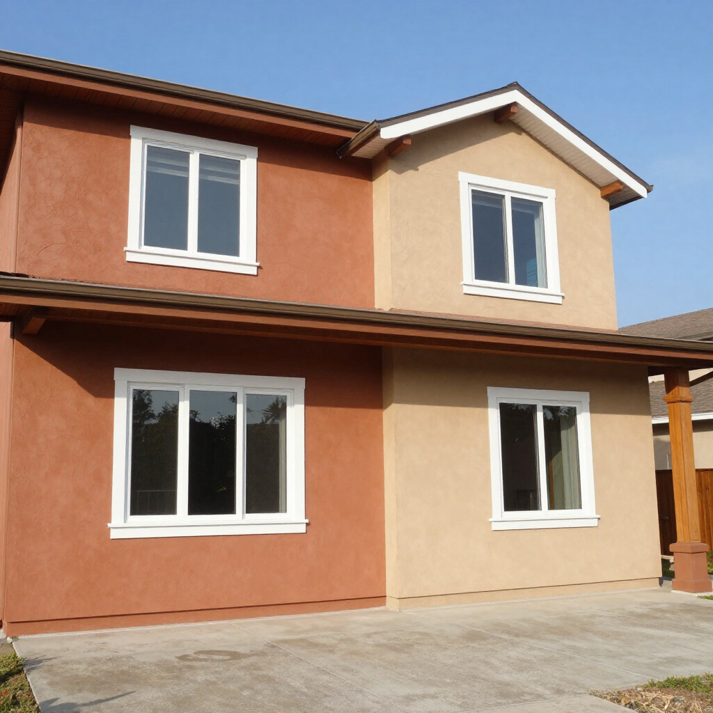 Two-story house with peach and beige exterior, white-trimmed windows, and a concrete driveway under clear sky