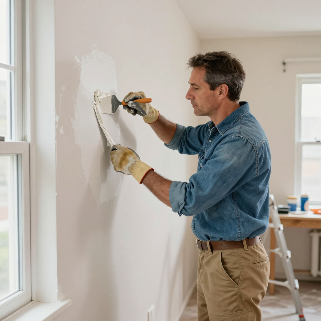 Man smoothing white plaster on a wall with a trowel in a bright room
