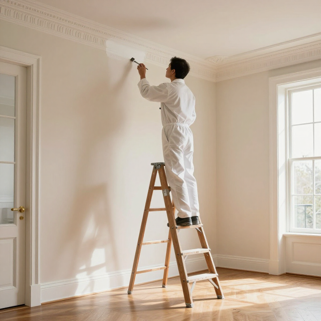 Person on a ladder painting a cream-colored wall in a bright empty room