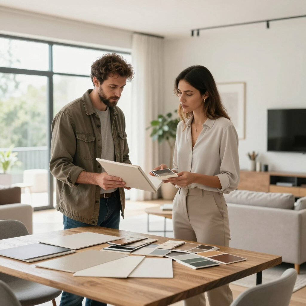 Two people review design plans at a table in a bright living room.