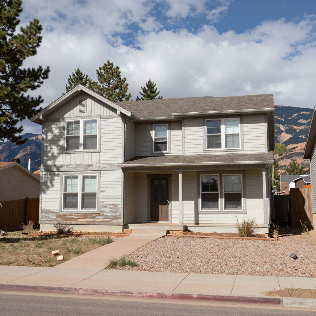 Two-story beige house with a front porch, gravel driveway, and mountains in the background