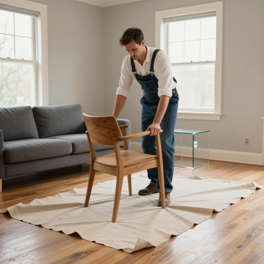 Man arranging a wooden chair on a drop cloth in a bright living room