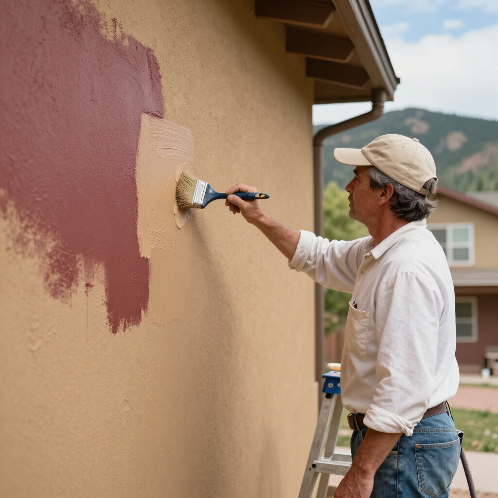 Painter rolling maroon paint on a tan exterior wall beside a ladder and house eaves