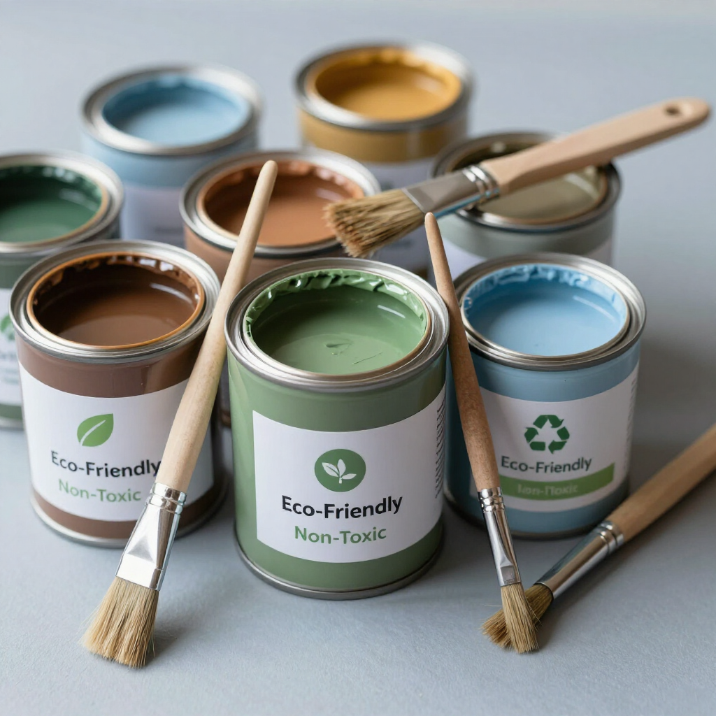 Eco-friendly paint cans in blue, green, brown, and gold with brushes on a gray surface