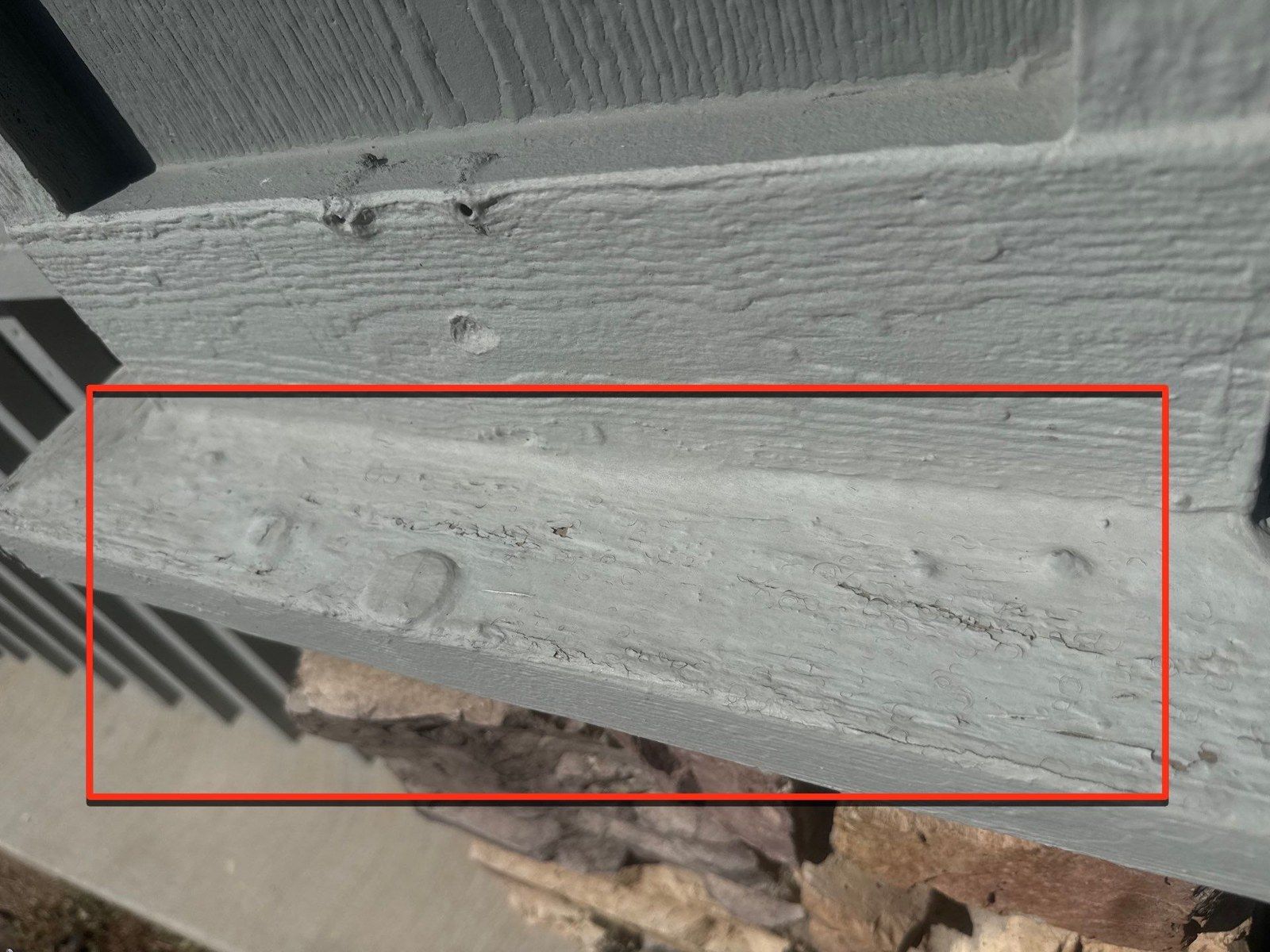 Existing painted exterior component with a marked strip of surface condition in the same Fountain proposal