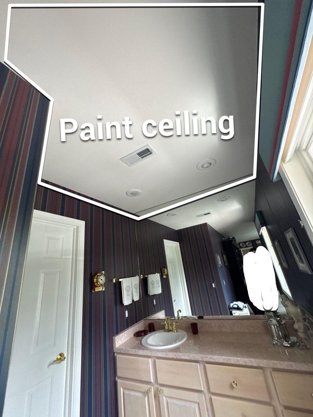 Annotated guest bathroom photograph marking a whole ceiling for painting in Monument