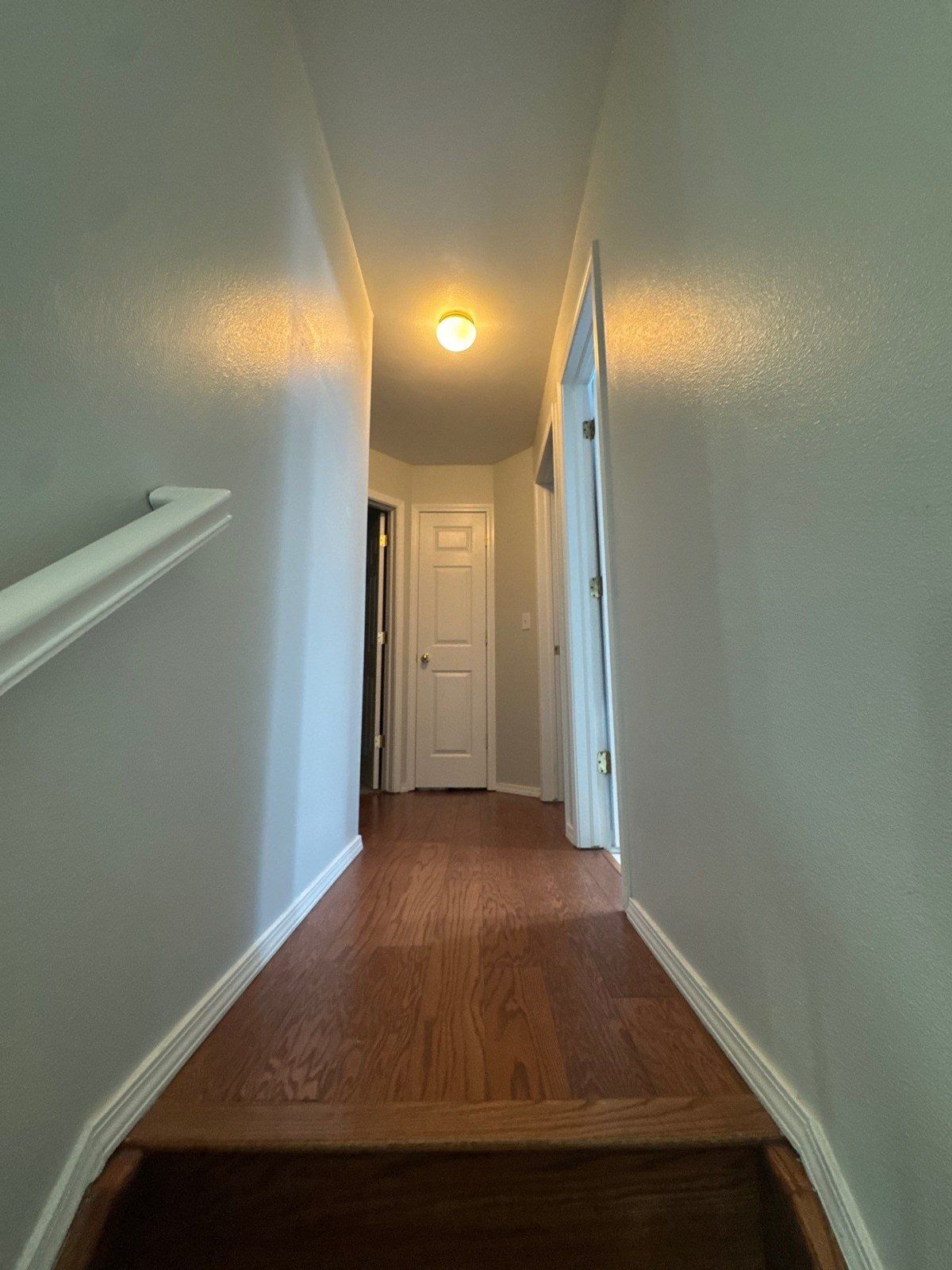 Existing hallway with painted walls, light door casing, handrail and wood flooring in the same interior estimate