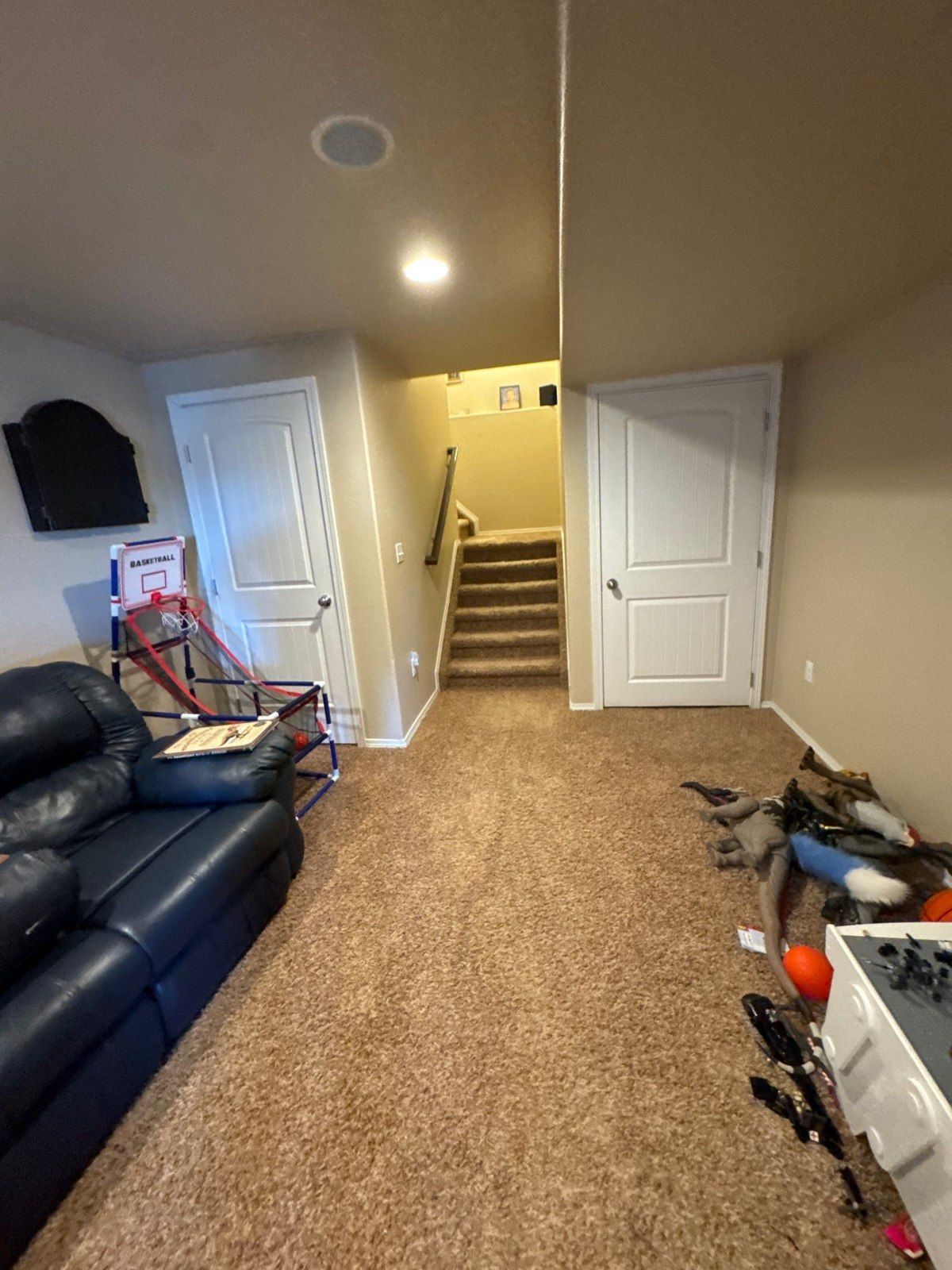 Existing basement living area with wall surfaces, doors, stair access and furnishings