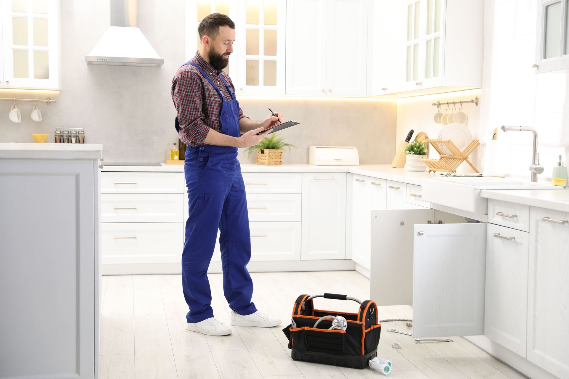Service technician completing an inspection checklist in a bright kitchen.