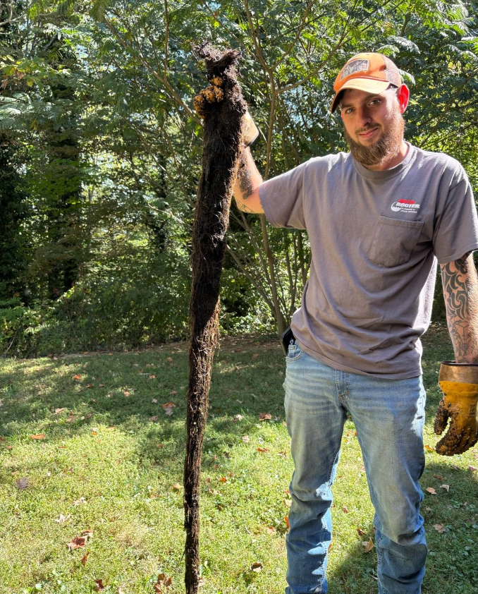 Man holding a large dead snake by the tail in a grassy yard, wearing gloves and an orange cap.