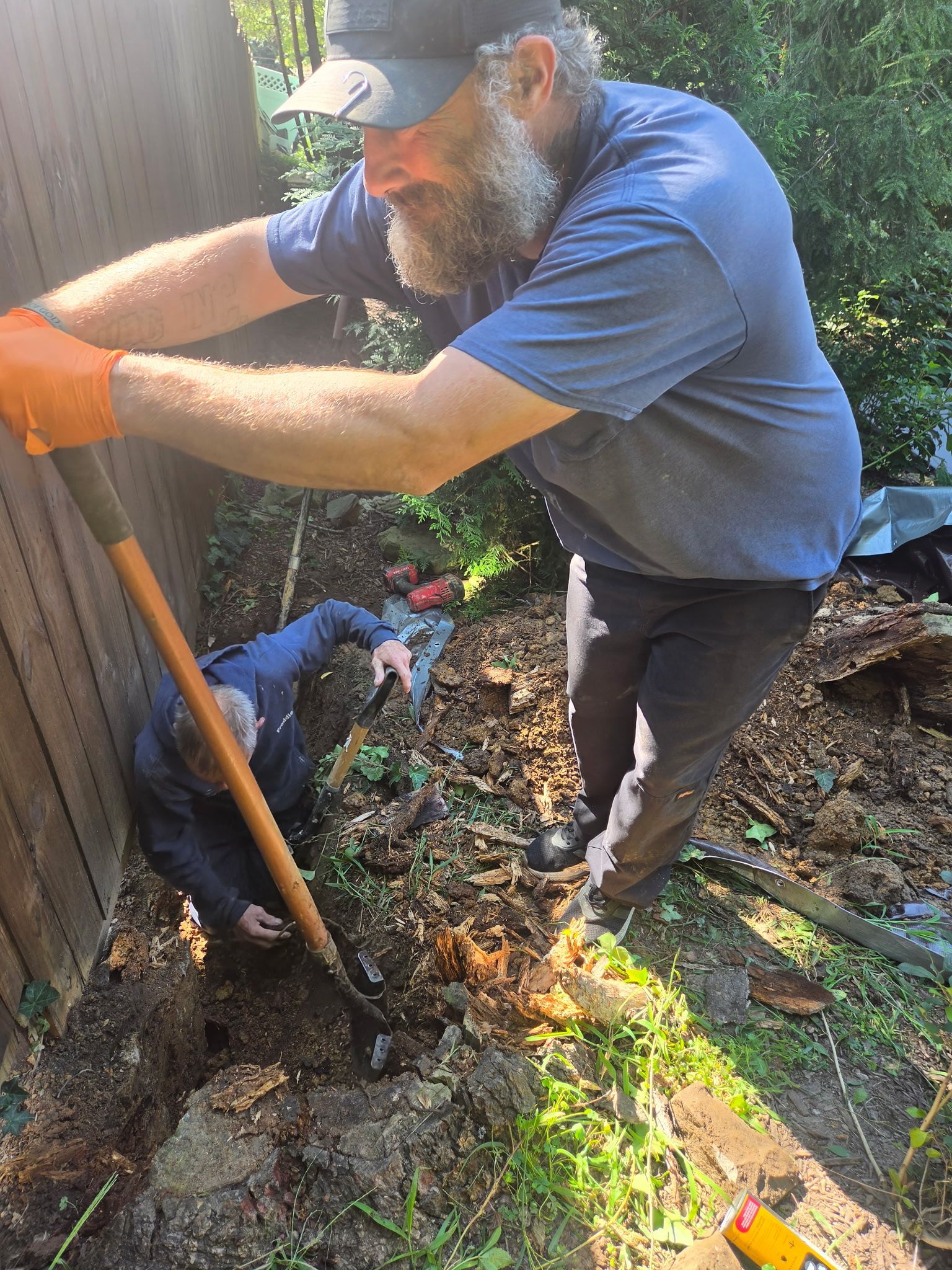 Man in blue shirt digging beside a wooden fence with a shovel in a muddy garden area