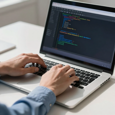 Hands typing on a laptop displaying code in a dark-themed editor on a white desk