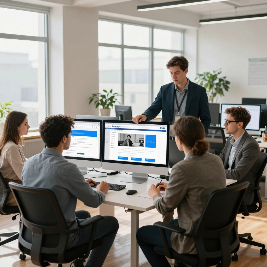 Team meeting in a bright office, with five people gathered around laptops and monitors.